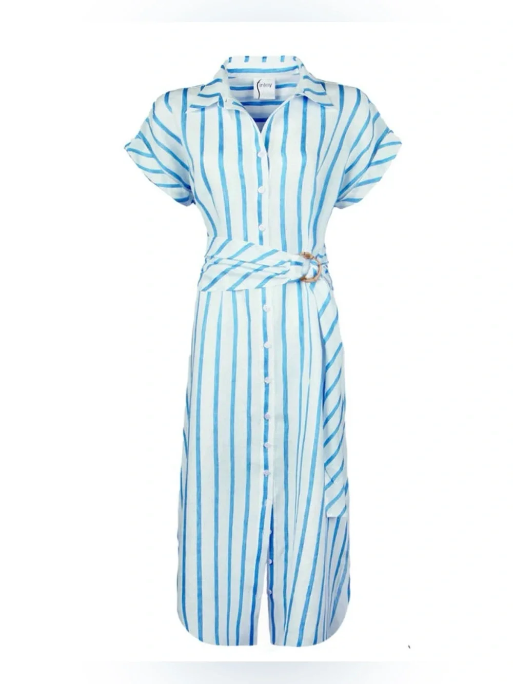 Finley Smithy Sash Waist Linen Shirtdress stripped blue & white linen dress  S - Picture 2 of 10